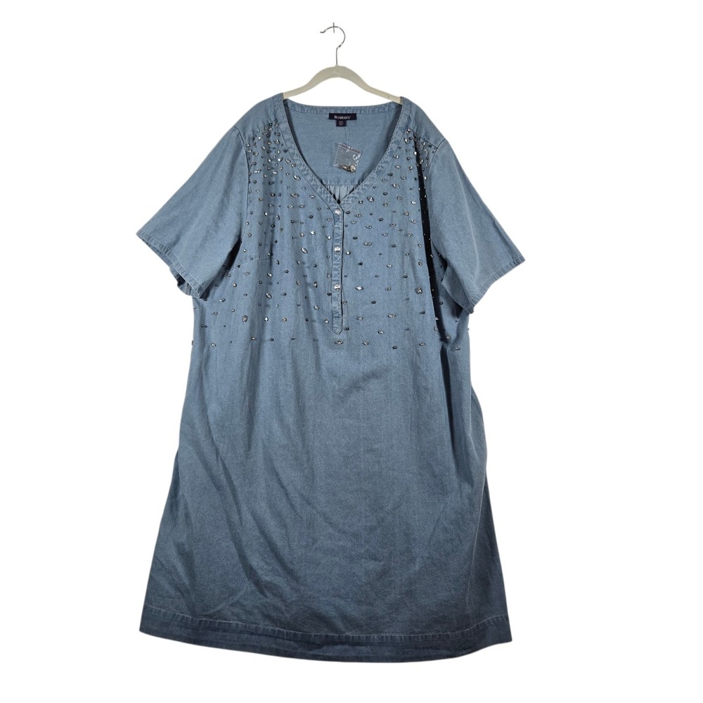 Roaman's Denim Dress Womens Plus 30W Rhinestone Embellished Short Sleeve NWOT